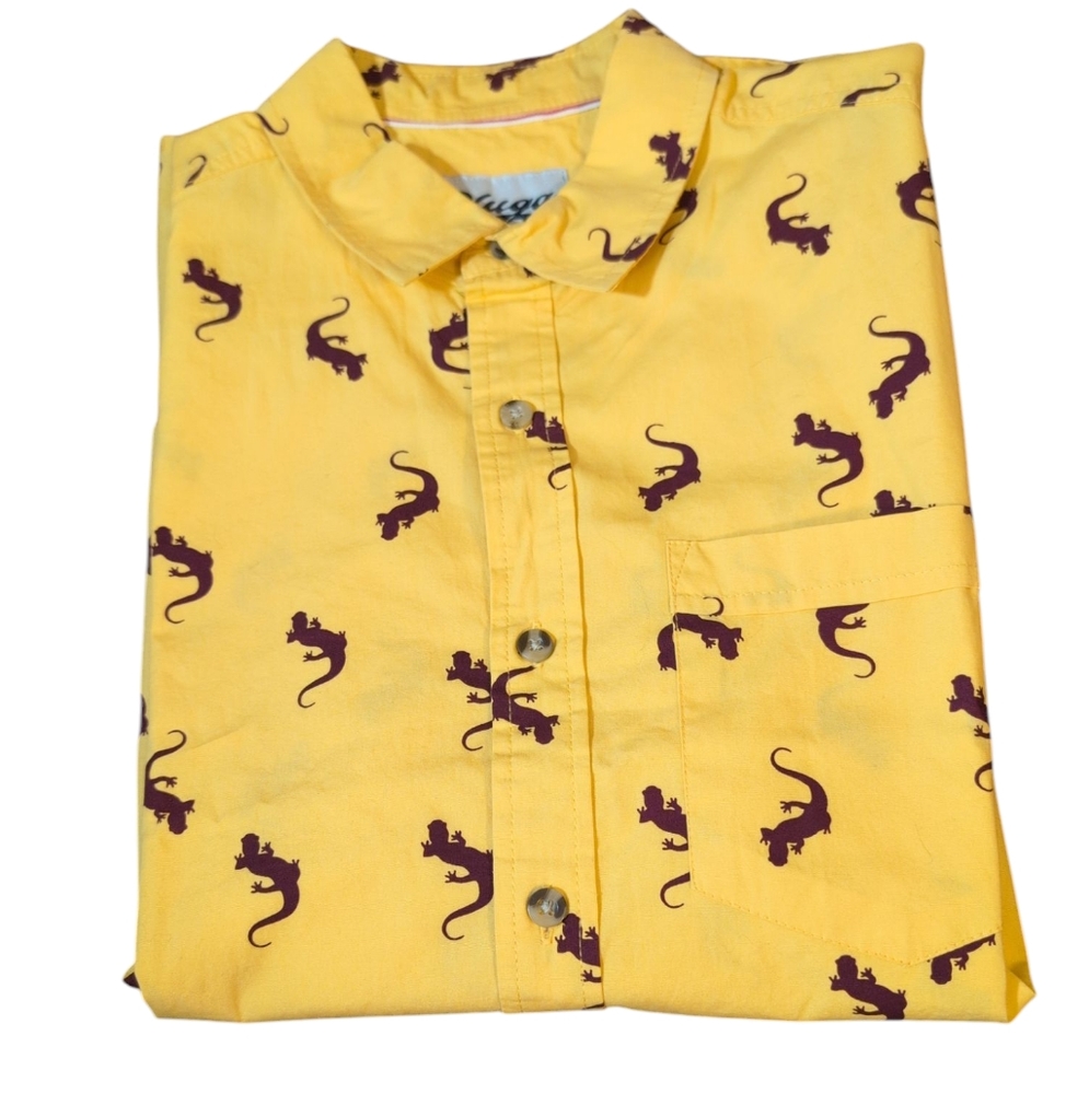 Men's Plugg Brand Oxford Collared Shirt Yellow With Brown Gecko Size Small S/S